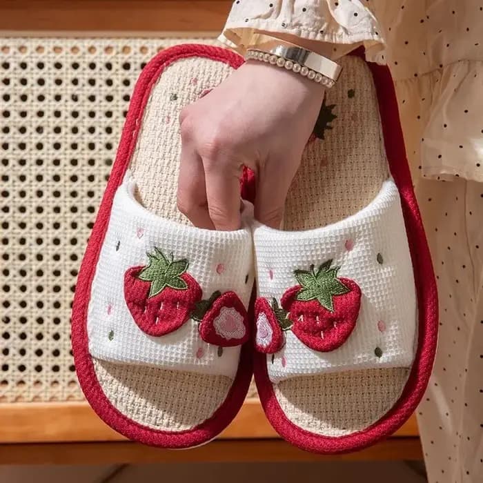Tige en lin fraise pour fille, semelles souples, pantoufles de sol silencieuses et antidérapantes en ligne avec nœud humain, chaussures scientifiques, sandales