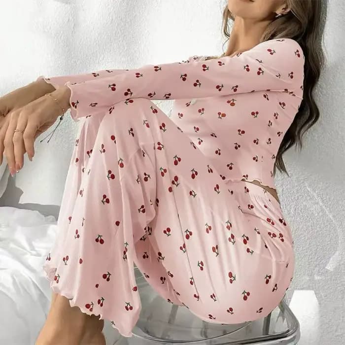 Nouvel ensemble décontracté imprimé cerises pour femme – Vêtements de détente et pyjamas à manches longues