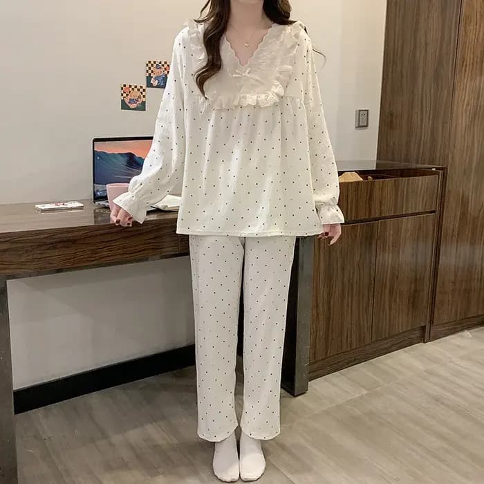 Ensemble de pyjama pour femmes à pois colorés printemps-automne, ensemble de pyjama décontracté simple 2 pièces, pyjama à col en V, vêtements de nuit doux, vêtements de maison PJS