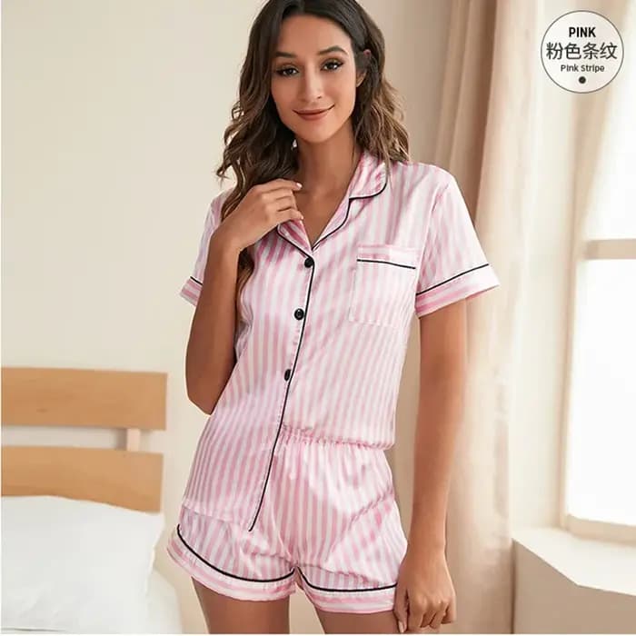 Pyjama en Satin de soie à rayures roses pour femmes