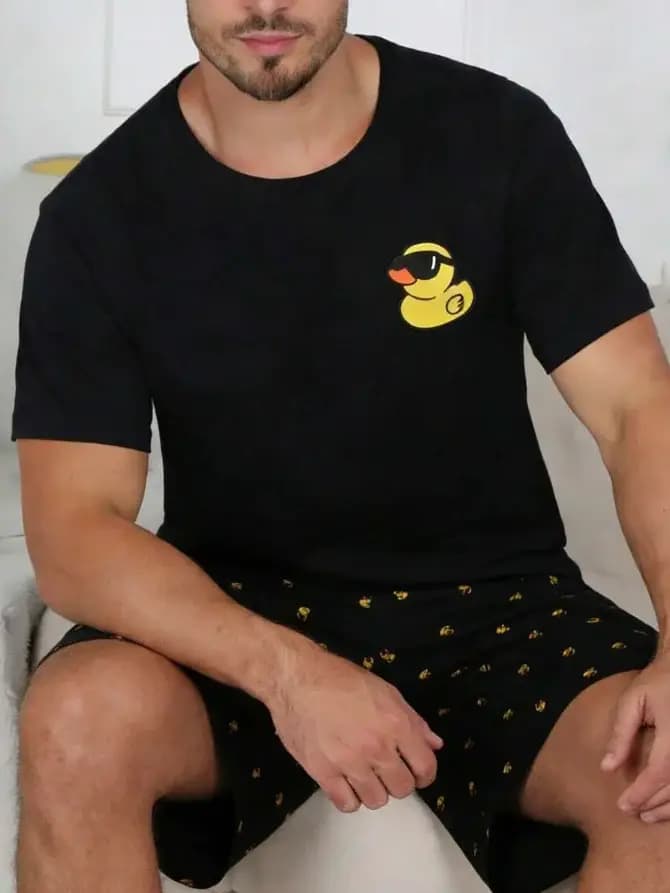 Ensemble de pyjama pour homme, haut à manches courtes imprimé canard + short de détente, 1 haut + 1 paire de pantalons, adapté aux temps frais.