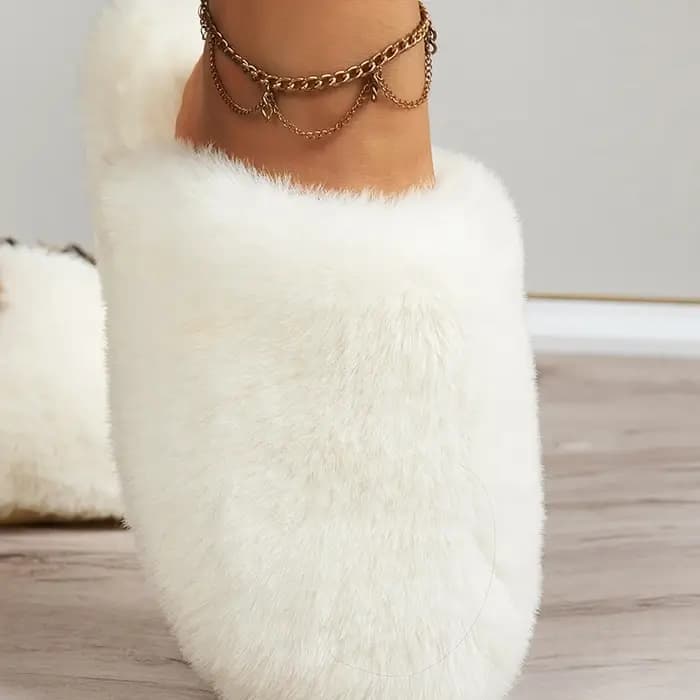 2025 hiver Beige moelleux flou pantoufles femmes confortable chaud maison coton