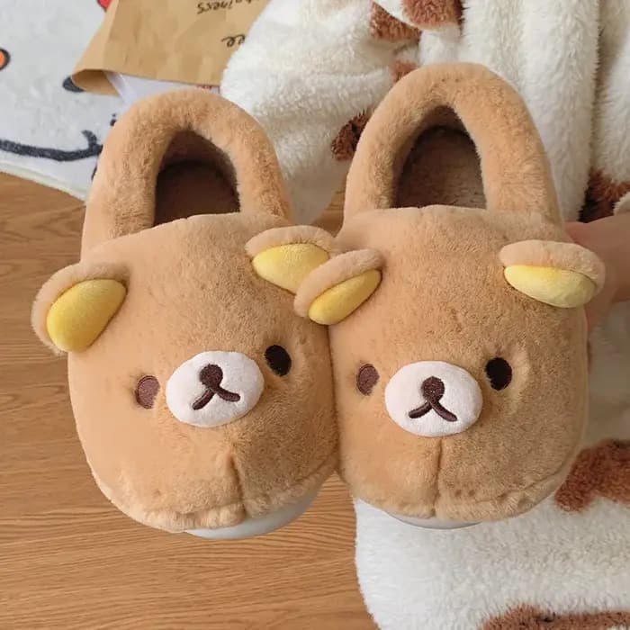 Kawaii Bear Rilakkuma pantoufles en coton mignon plat bout fermé Mules pour hommes et femmes hiver dessin animé maison
