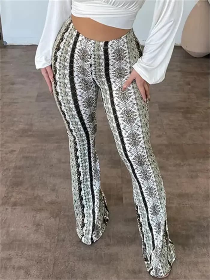 Pantalon évasé taille haute imprimé bohème pour femme