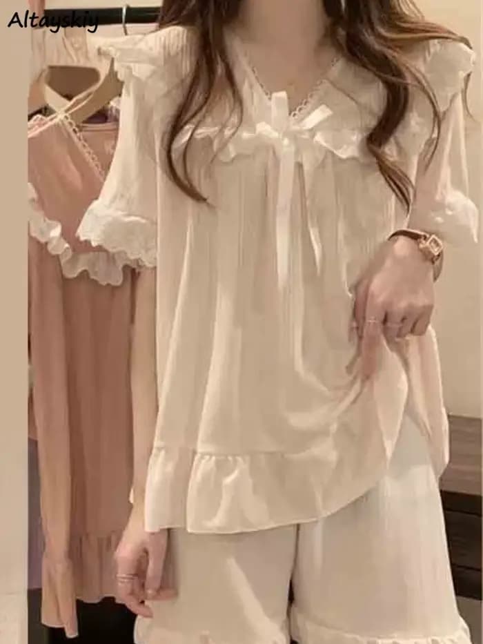 Pyjama ensembles femmes dentelle doux nœud princesse ample maison 5 couleurs mode tendre décontracté été Style japonais Vintage vêtements de nuit Chic
