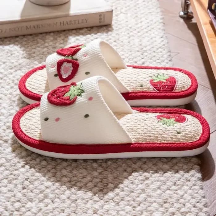 Pantoufles en lin fraise pour filles, sandales de maison silencieuses et antidérapantes à semelle souple avec Support d'arc ergonomique, chaussures d'intérieur confortables