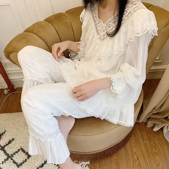 Ensembles de pyjama à col en V princesse Lolita pour femmes