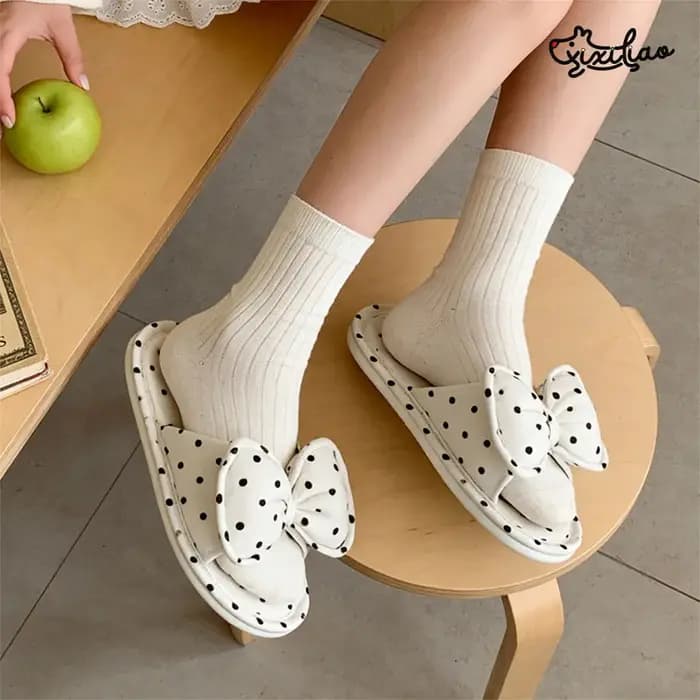 XIXITIAO Chaussons d'intérieur pour femmes, mode décontractée, en coton, avec nœud, à pois, chaussures plates confortables, sandales à bride unique