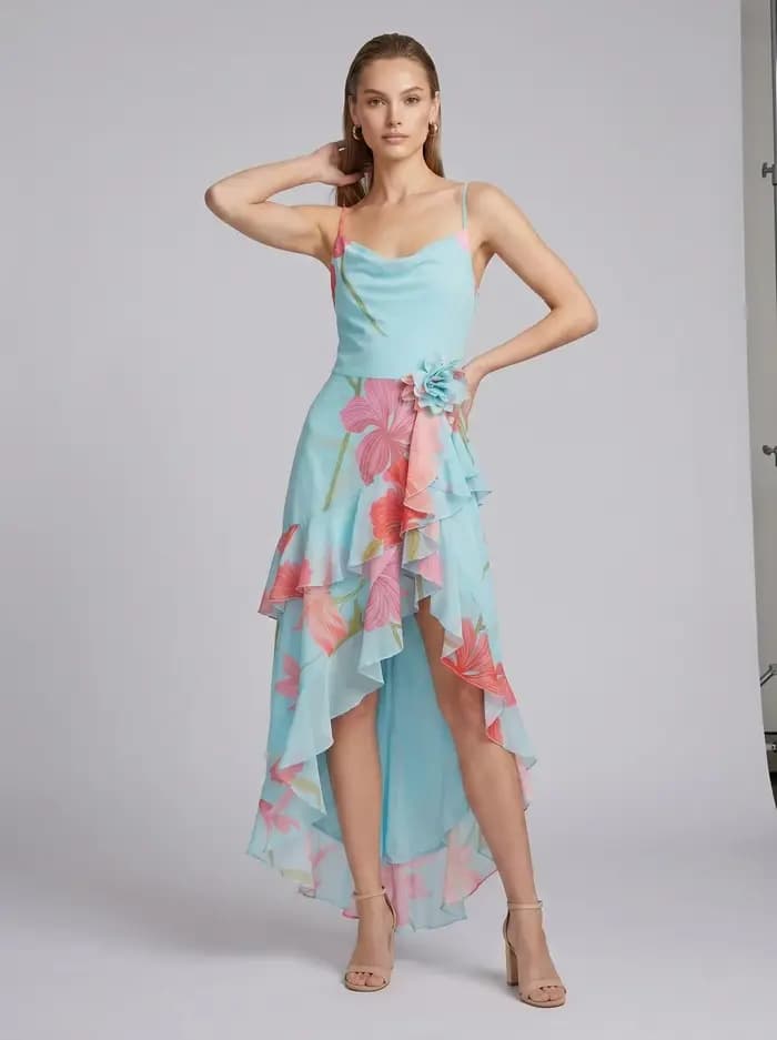 Robe longue d'été sexy à bretelles spaghetti imprimée avec volants fendus pour femme