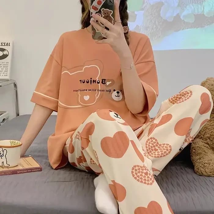 Pyjama en coton pour femmes, manches courtes, pantalons longs, vêtements de nuit, mode coréenne, imp