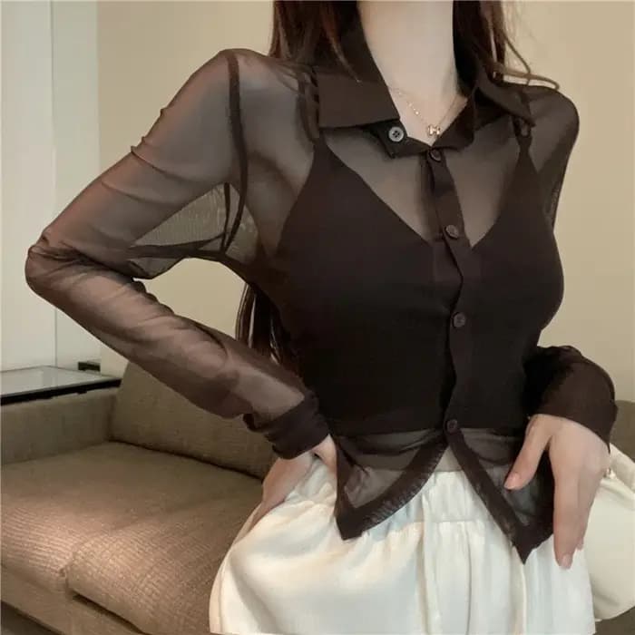 Voir à travers les chemises en mousseline de soie femmes 2024 printemps été Blouses à manches longues Sexy mode coréenne vêtements mince culture hauts noir Blusas