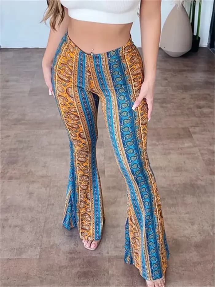 Pantalon évasé taille haute imprimé bohème pour femme