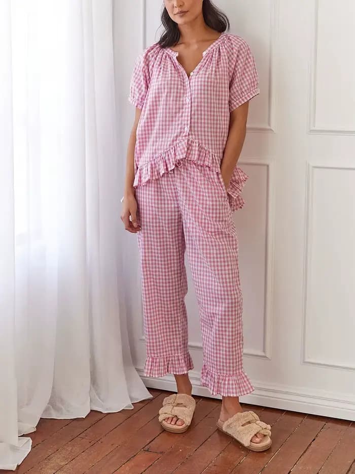 Pyjama à carreaux à manches bouffantes sur le devant pour femmes, chemise nuisette, pantalon vichy,