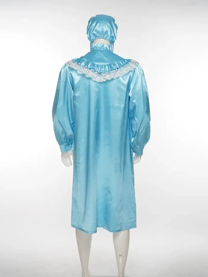 Pyjama vintage pour homme, style victorien, chemise de nuit avec chapeau, dentelle à volants, manches longues, fermeture éclair sur le devant, robe de nuit satinée