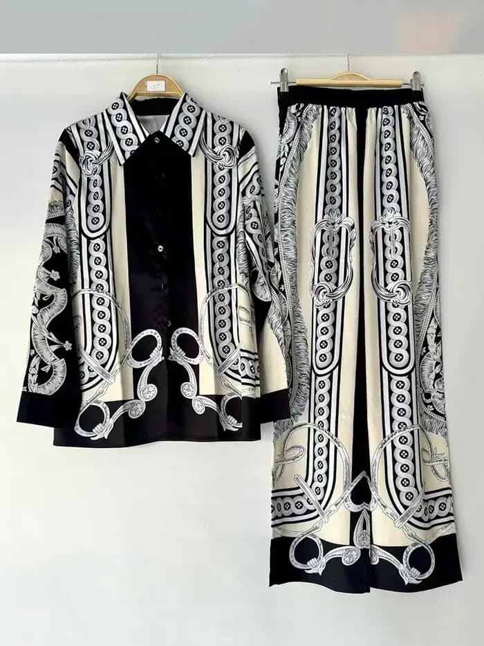 SuperAen – ensemble deux pièces pour femmes, chemise imprimée géométrique rétro, pantalon taille hau