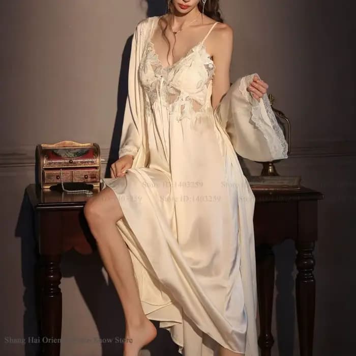Élégant femme longue Robe ensemble chemise de nuit soyeux glace soie vêtements