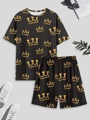 Ensemble de pyjama pour homme, comprenant un haut à manches courtes et un short imprimés couronne, v