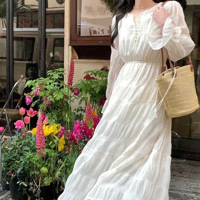 Robe longue plissée à manches évasées pour femmes
