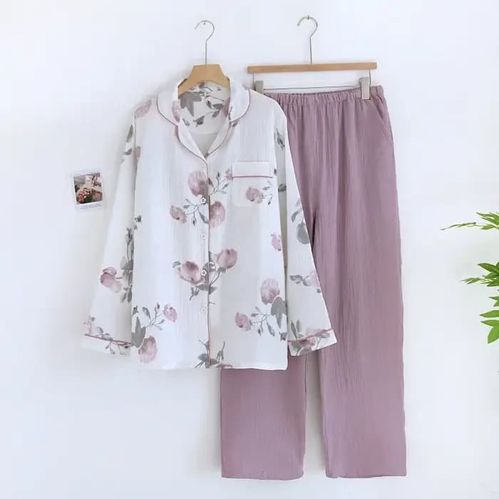 Ensemble pyjama japonais en crêpe de coton pur pour femmes, minimaliste, manches longues, deux pièce