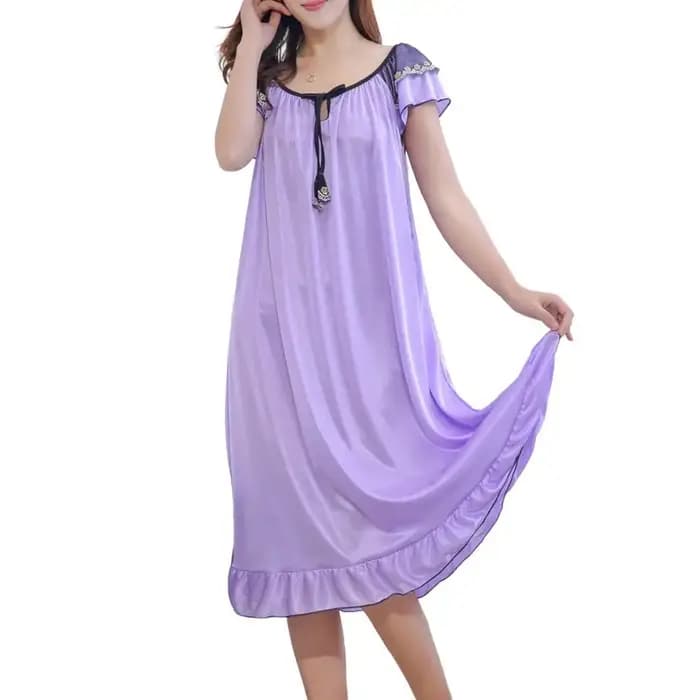 Robe pyjama en Satin pour femmes, col rond, à lacets, manches courtes, robe de nuit fine, ourlet à v