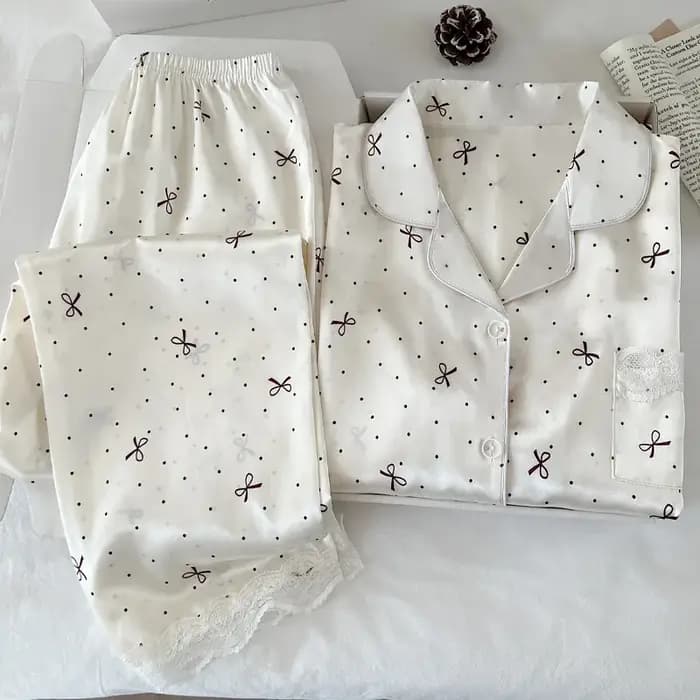 Nouveau Style coréen élégant jeunes dames pyjamas été nouveauté à manches courtes à pois nœud glace soie pyjama