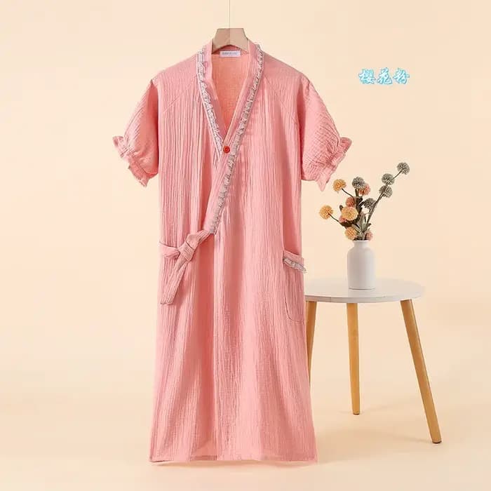 Kimono à manches courtes Robe de nuit dentelle couleur bloquée sangle peignoir Homewear mignon Sweat vapeur femmes vêtements