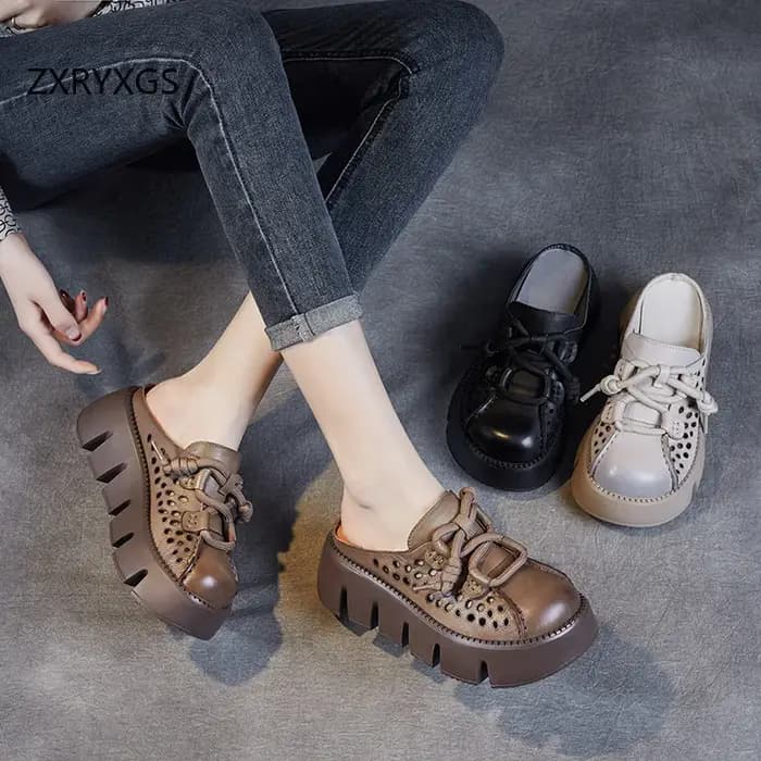 ZXRYXGS 2025 été Premium en cuir véritable creux bout rond extérieur pantoufle femmes sandales plate-forme hauteur augmenter pantoufles