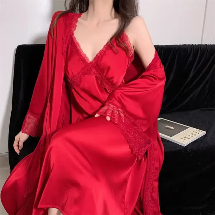 Élégant femme nuisette & Robe ensemble longue peignoir chemise de nuit Sexy dentelle garniture