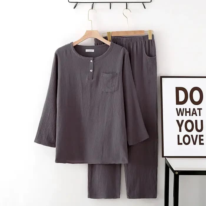 Pyjama pour homme, nouveau style printemps-été, 100% coton crêpe, deux boutons, pantalon à manches l