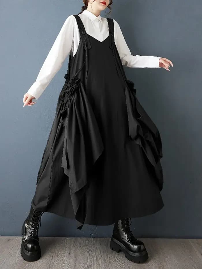 Robe plissée sans manches noire Vintage à bretelles pour femmes