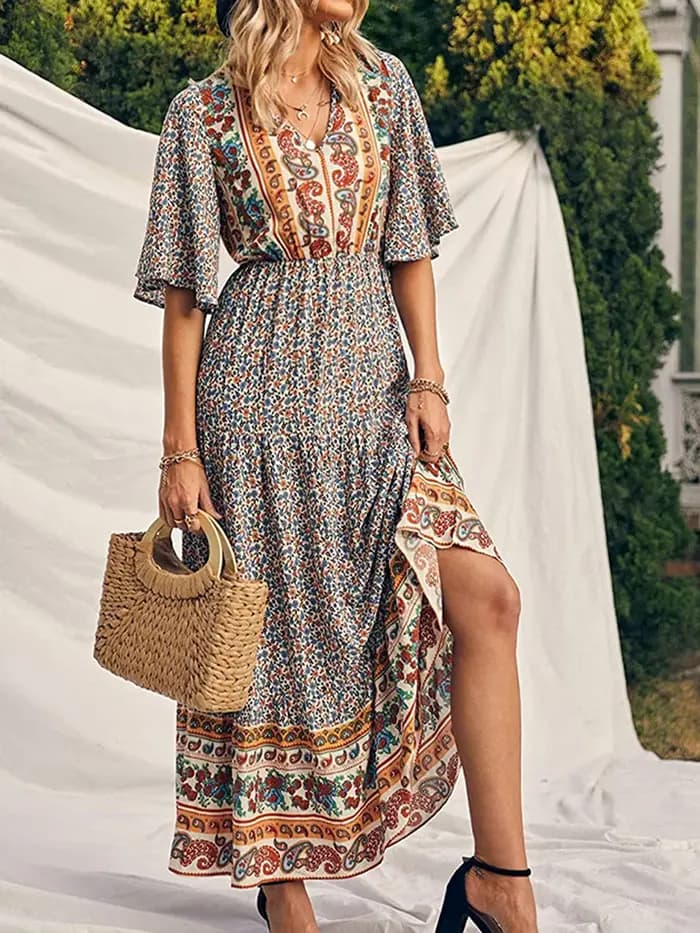 Robe longue décontractée à manches courtes et col en V pour femmes, design imprimé Boho, mode élégan