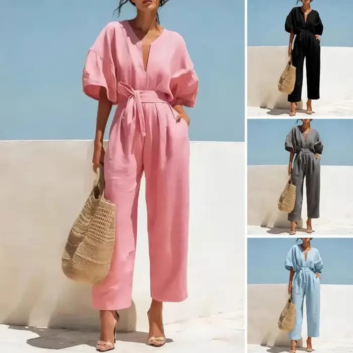 Combinaison confortable en coton et lin pour femme, avec poches, manches courtes cloche, col en V, jambes larges, pour l'été