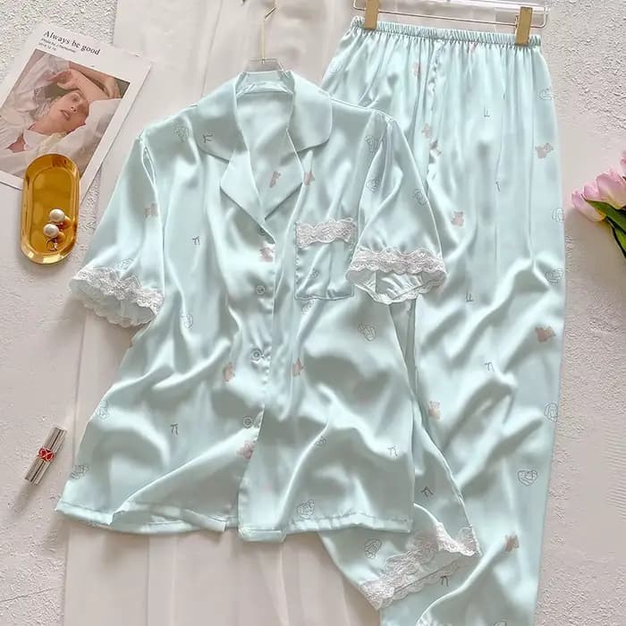 Pyjama imprimé ours pour femme, pantalon à manches courtes en soie glacée, vêtements de détente, Car
