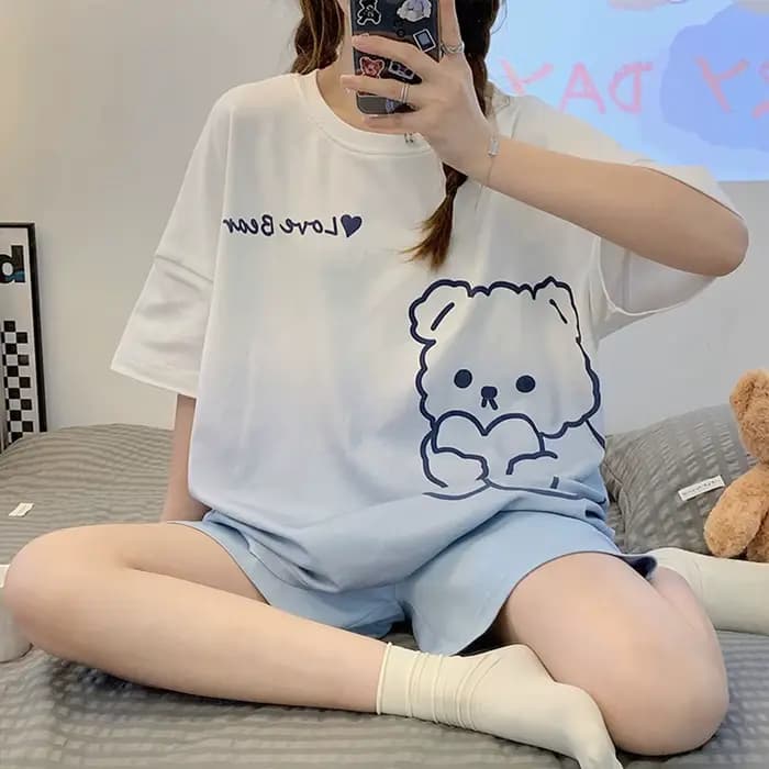 Ensemble de pyjama décontracté pour femme à manches courtes, motif ours de dessin animé, dégradé, po