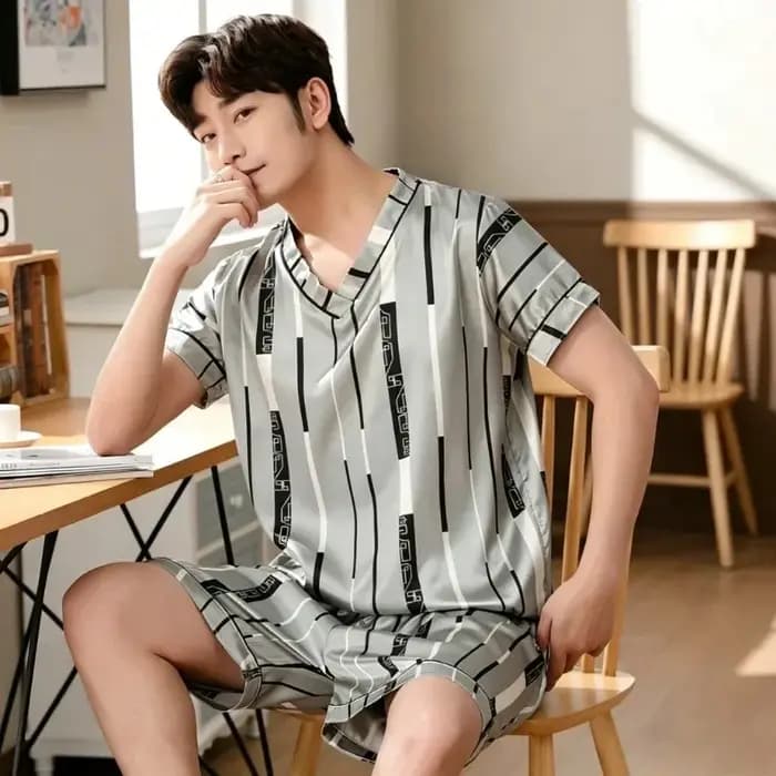 Ensemble de pyjama grande taille pour homme – Nouvelle collection été – Imprimé tendance – Vêtements de nuit pour homme – Col en V – Manches courtes – Short – Tenue décontractée et confortable pour la