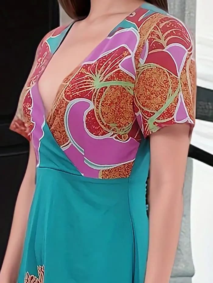 Robe florale à manches courtes et col en V, conçue spécifiquement pour les femmes, parfaite pour les vêtements de printemps et d'été