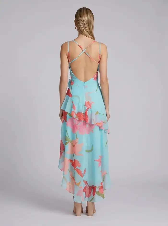 Robe longue d'été sexy à bretelles spaghetti imprimée avec volants fendus pour femme
