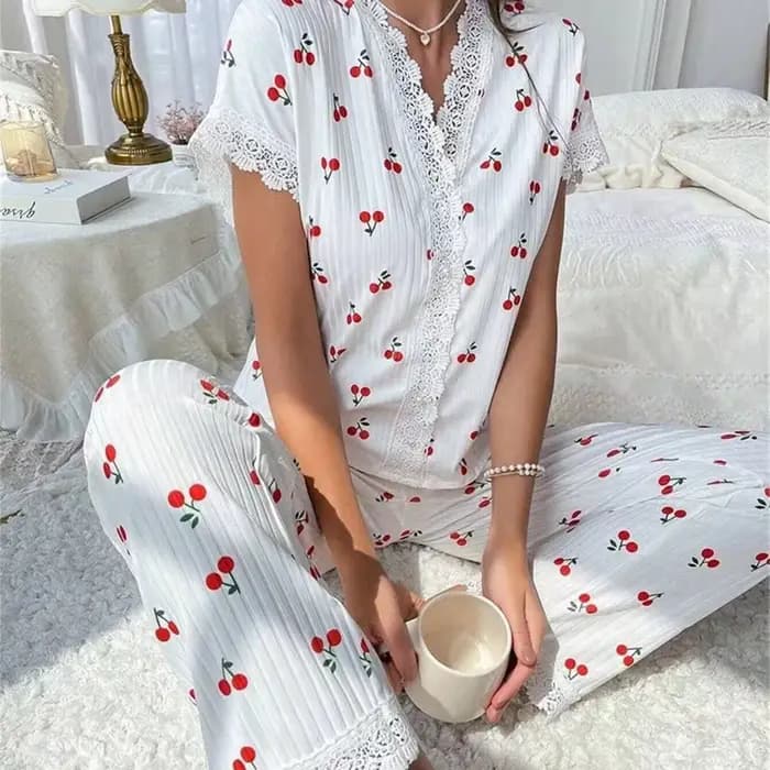 Ensemble de pyjama sexy imprimé à col en V pour femme, ensemble de pyjama d'été à manches courtes en