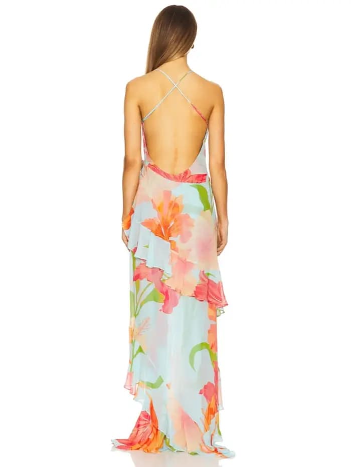 Robe longue d'été sexy à bretelles spaghetti imprimée avec volants fendus pour femme