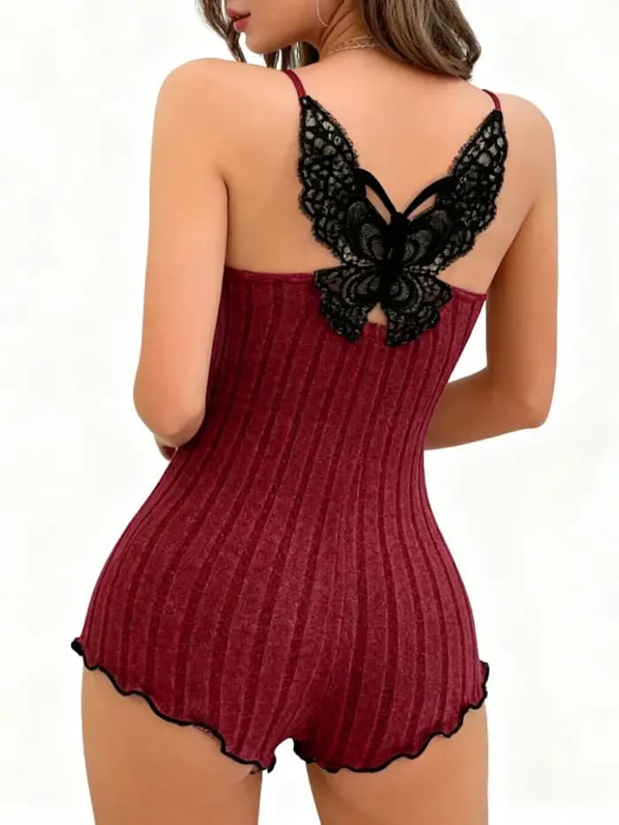 Pyjama brodé pour femme, combinaison d'été, vêtement de nuit en dentelle, body confortable avec dos papillon
