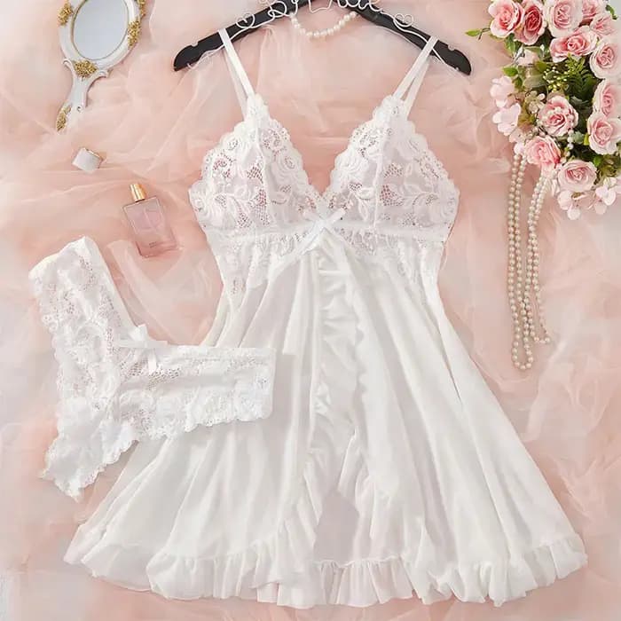 Chemise de nuit sexy en dentelle transparente pour femmes, lingerie rose, sous-vêtements, vêtements de nuit sexy, ensemble de string fin, robe de nuit élégante, pyjamas DeepVfur s