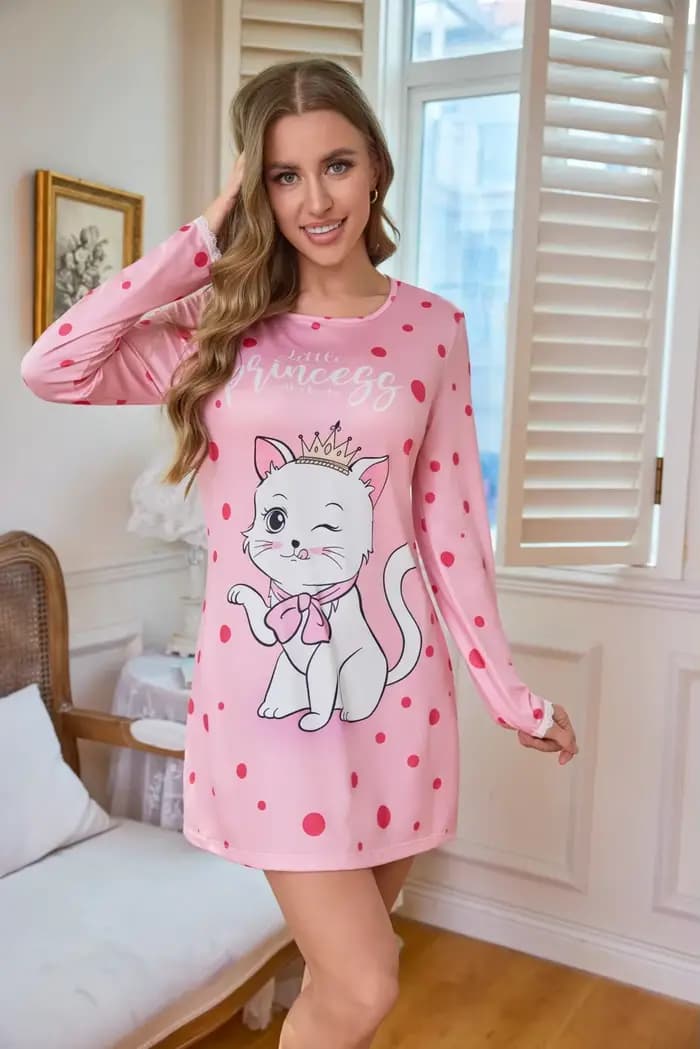 Pyjama décontracté à manches longues pour le printemps et l'été, avec un imprimé mignon de chat de d