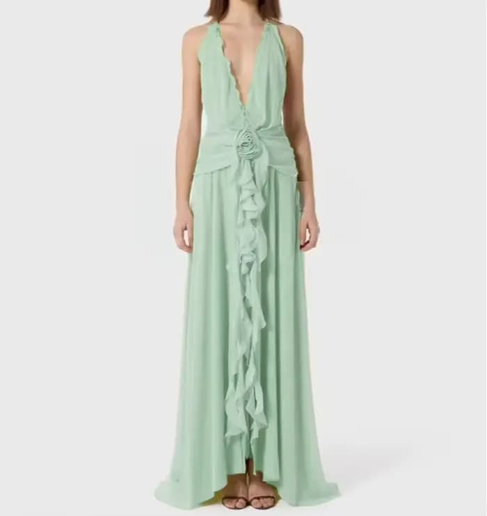 Robe verte à volants pour femmes, décolleté en V profond, élégante, fête de vacances, sans manches,