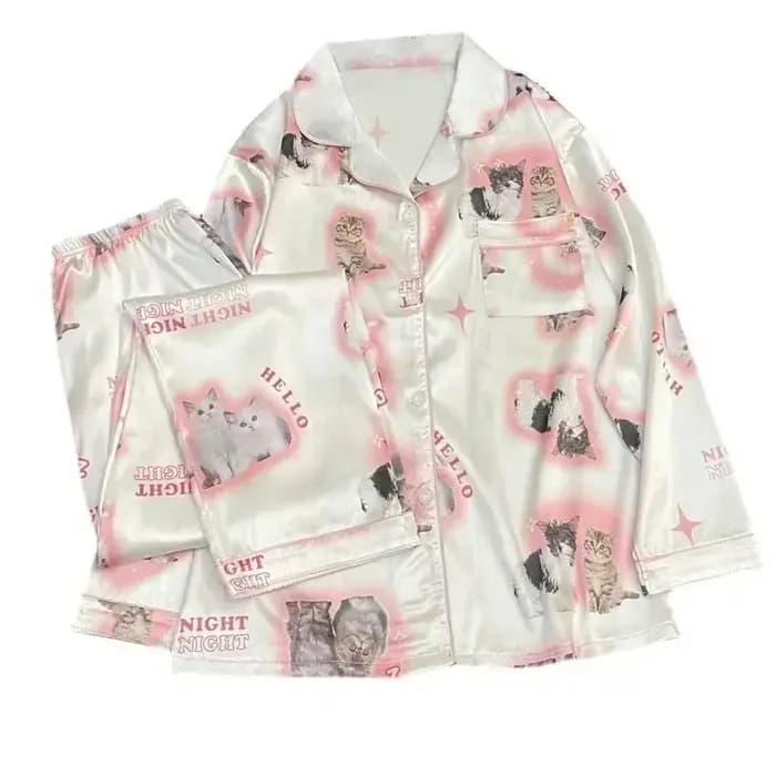 Pyjama en Satin pour Jeune Fille, Long et Court, à la Mode, Imprimé Chat Mignon, Fin, Ensemble pour Femme, Nouvelle Collection Été