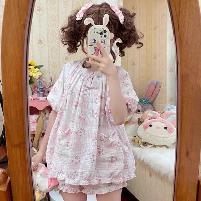 Ensemble pyjama imprimé lapin style Kawaii Lolita, haut à manches courtes et short, tenue décontract