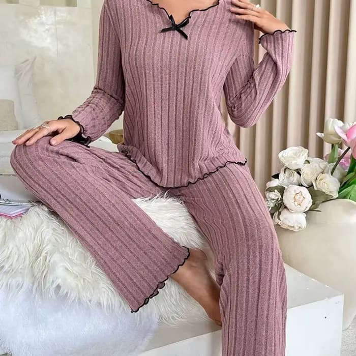 Pyjama en flanelle chaud pour femme, ensemble décontracté avec haut à manches longues et pantalon, v