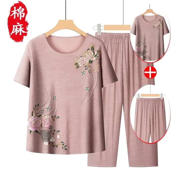 Ensemble de pyjama en coton et lin à imprimé floral pour femmes matures