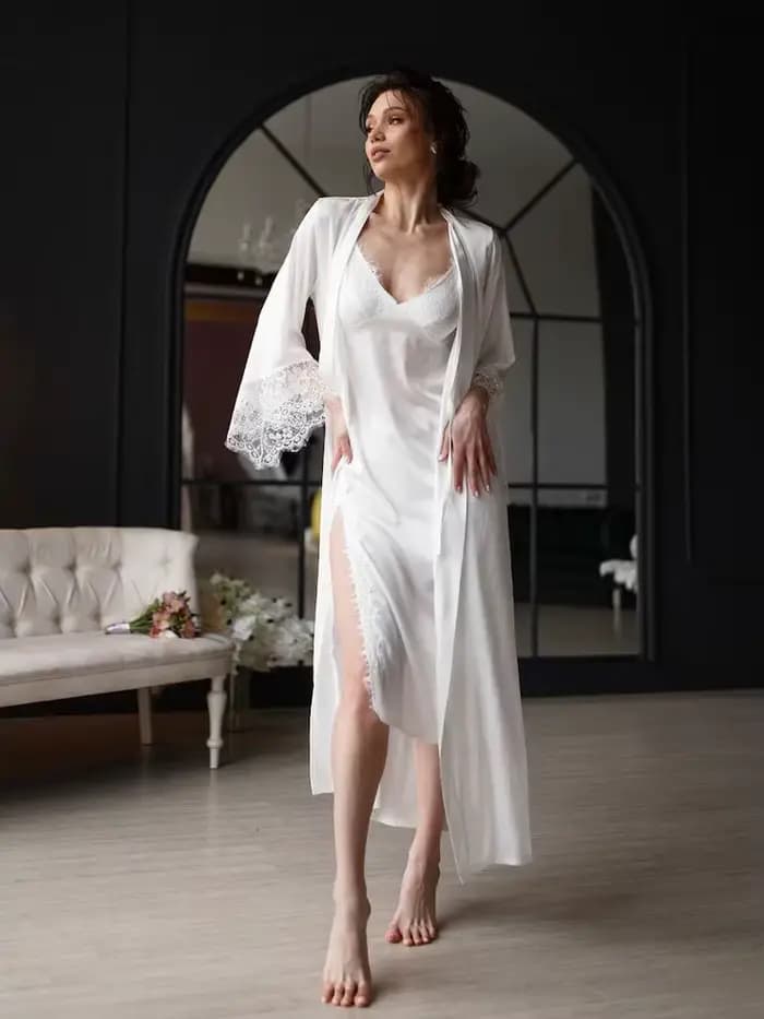 Ensemble de Nuisette et Peignoir en Soie Luxueux pour Femme, Ensemble de Peignoir en Soie, Lingerie