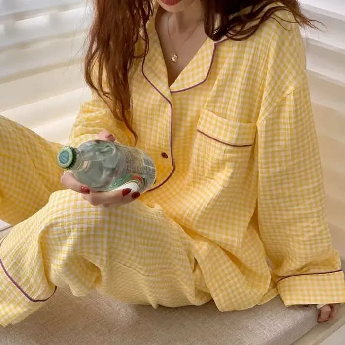 Pyjamas en coton pour femmes vêtements de nuit coréens femme 2 pièces ensemble Pijama Plaid