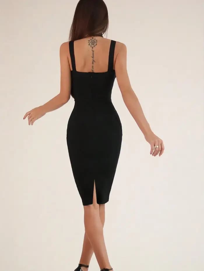 Sexy Spaghetti sangle licou noir fente Midi robe moulante pour les femmes robe de pansement élégante
